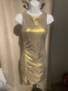 Metallic Gold Sleeveless Ruched Mini Dress